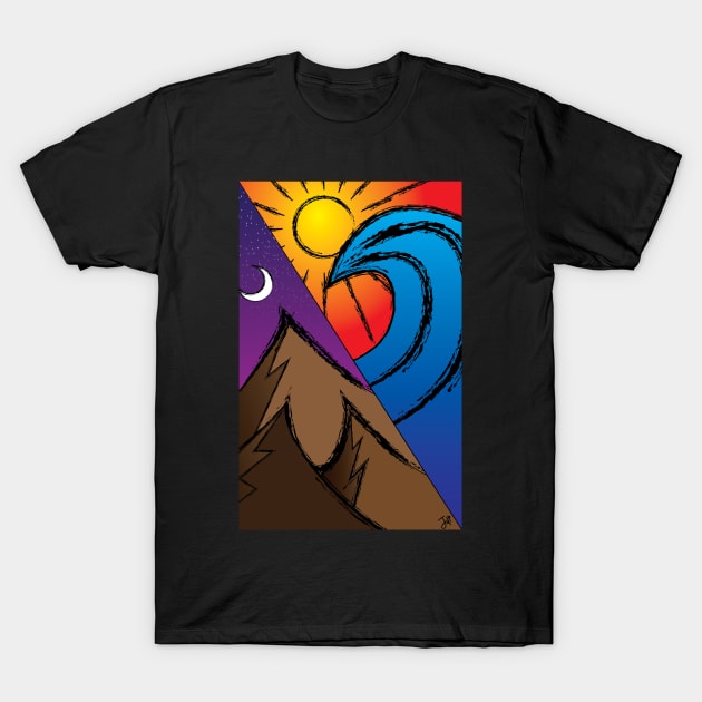 mountains at night on one side, the sunny beach with surf on the other T-Shirt by JDP Designs